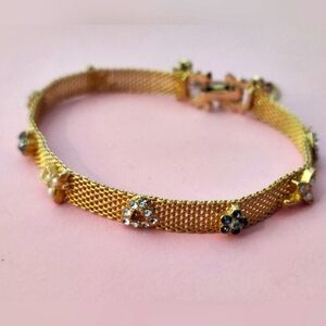 Gold Mesh Bracelet with Crystal Flowers